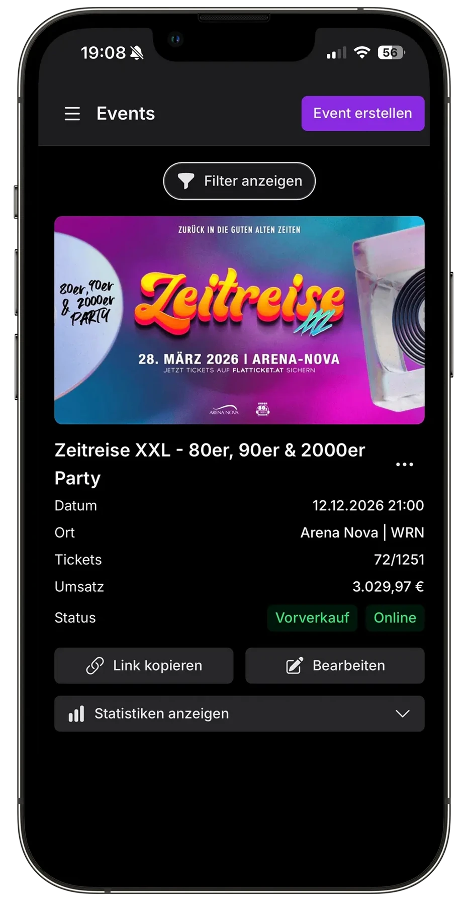 Flatticket Eventübersicht auf einem Smartphone